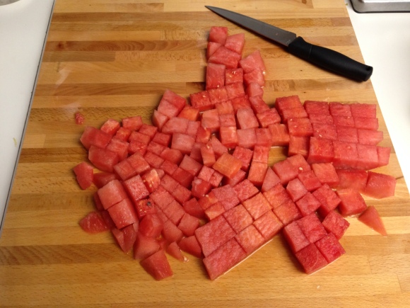 This takes a bit of time, and seems endless. Pictured here is ONE FOURTH of the watermelon (and this is not a small cutting board)!